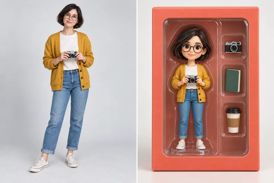 眼鏡と黄色いカーディガンの架空の人物と、同じ特徴を持つフィギュアのパッケージ例