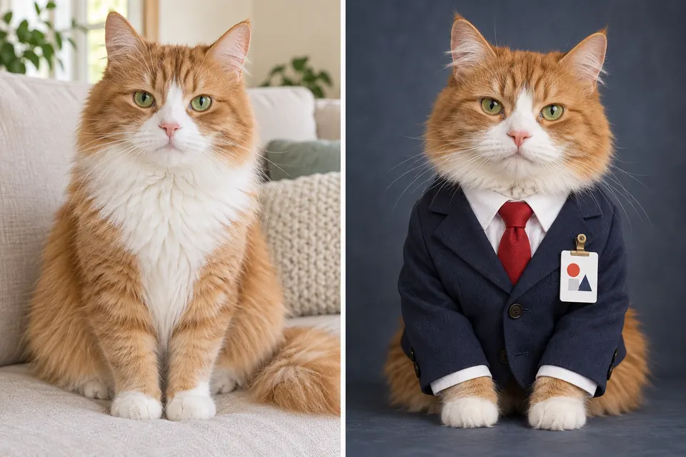 茶白の猫とスーツ姿の架空の会社員プロフィール例